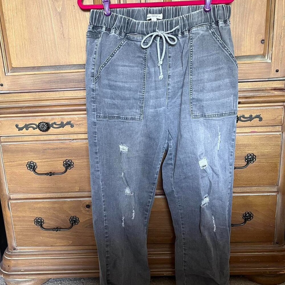 Indigo Thread Co Women's Grey Distressed‎ Denim Joggers w Drawstring